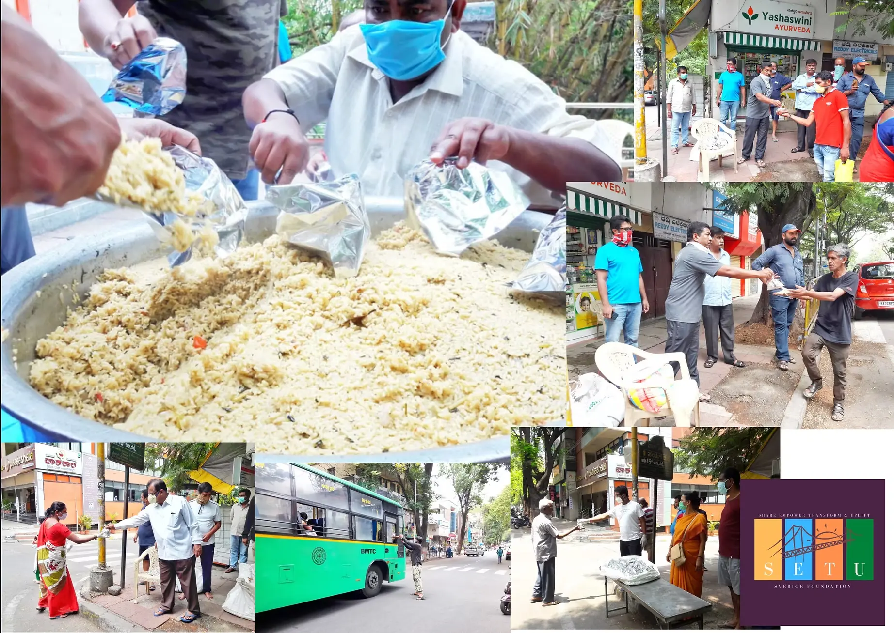 Volunteers preparing and distributing cooked meals on the street during a Setu Sverige Foundation food relief drive in Bengaluru