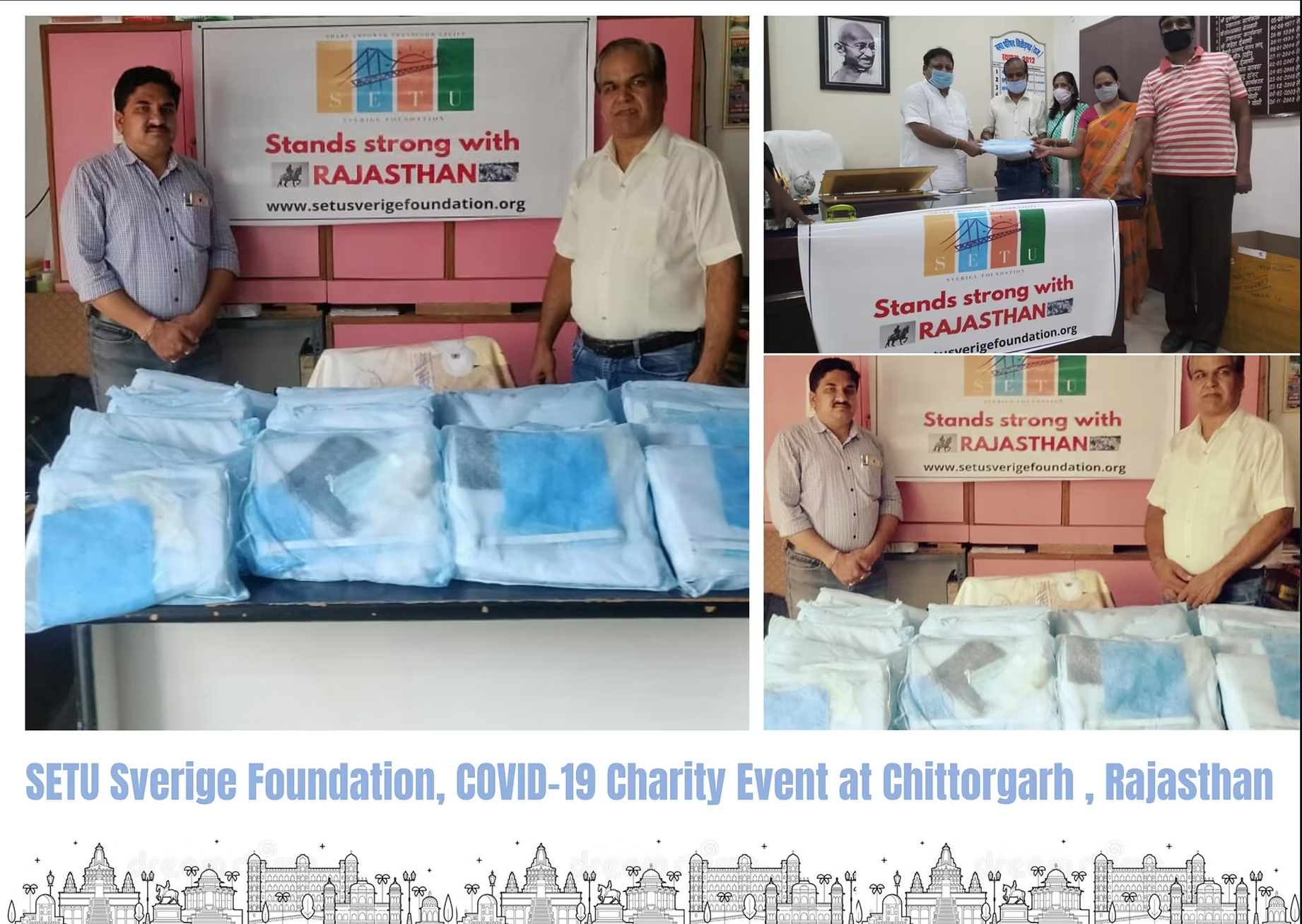 Volunteers handing over protective equipment at the Setu Sverige Foundation COVID-19 relief event in Chittorgarh, Rajasthan